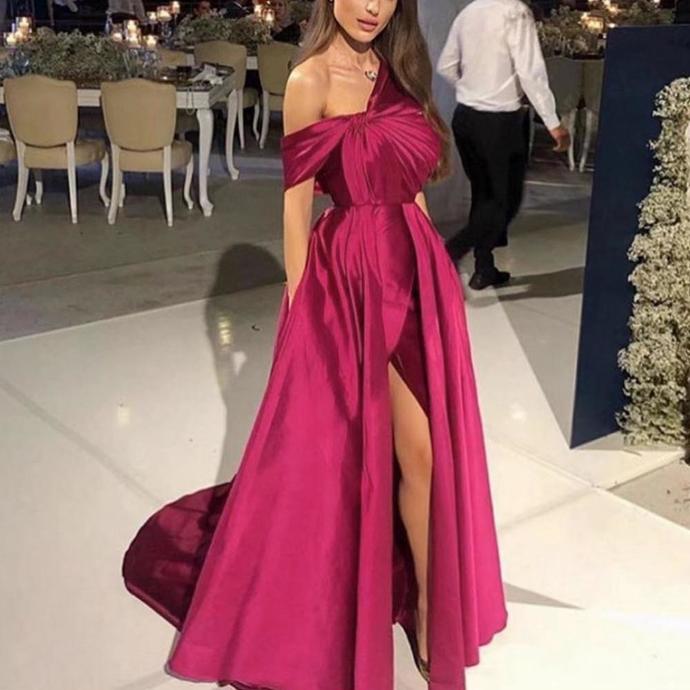 red prom dresses 2020 one shoulder pleats front slit red evening dresses court train formal dresses cg13690