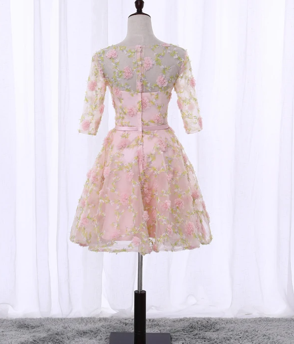 Cute Flowers Short Tulle Pink Party Dress, 3D Flowers Short Homecoming Dress cg13702