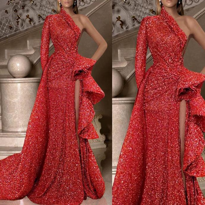 sparkly prom dresses 2020 one shoulder long sleeve side slit peplum ruffle detachable skirt red evening dresses formal dresses cg13710
