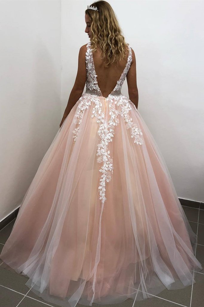 A Line V Neck Open Back Pink Lace Appliques Long Prom Dress cg13753