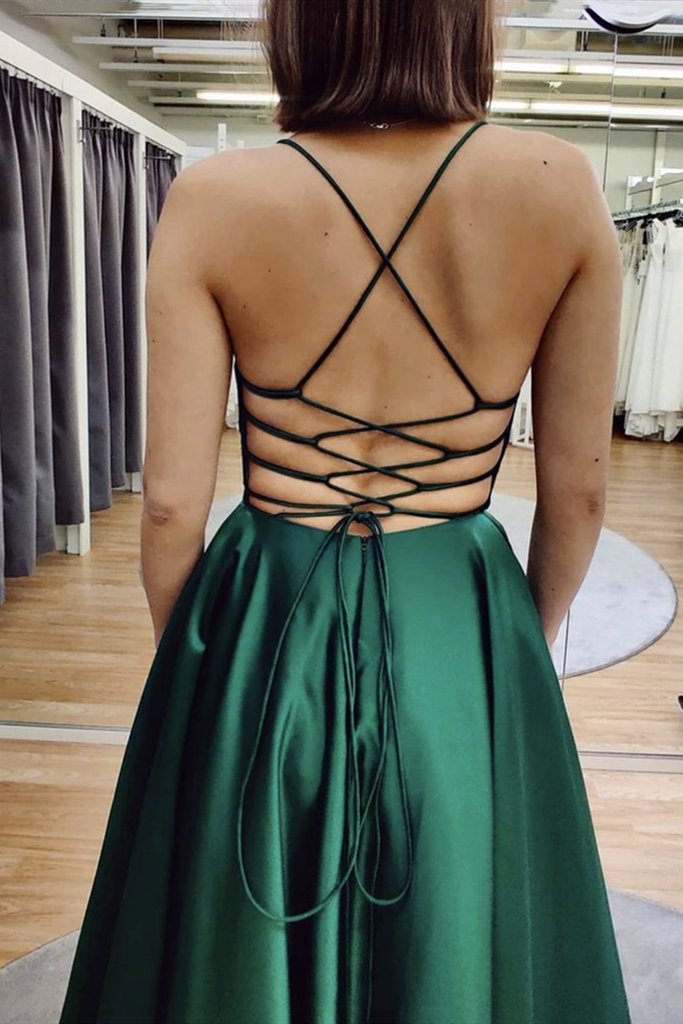 A Line V Neck Floor Length Backless Emerald Green Satin Long Prom Dress cg13754