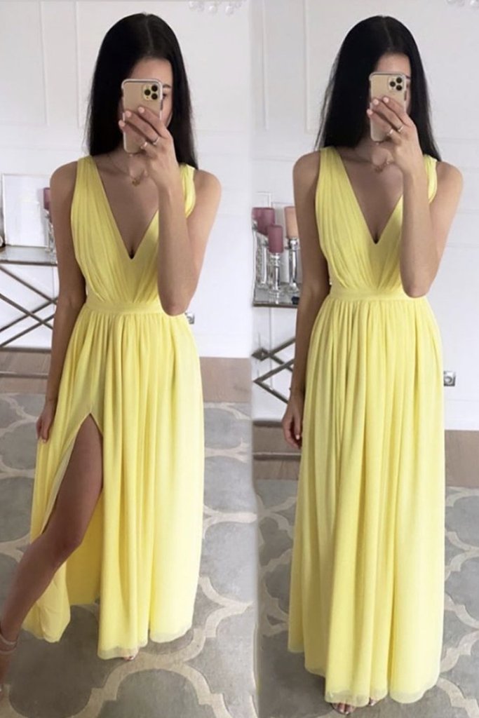 Simple A Line V Neck Yellow Chiffon Long Prom Dress with Slit cg13755