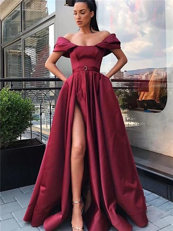 A-line Off-shoulder High Split Long Satin Prom Dresses With Pocket cg13769