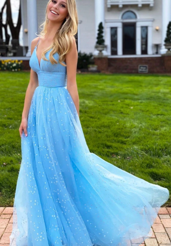 Blue v neck tulle beads long prom dress blue tulle evening dress cg13787