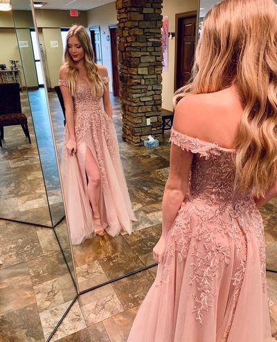 Off the Shoulder Blush Pink Tulle Long Prom Dress with Slit cg13798