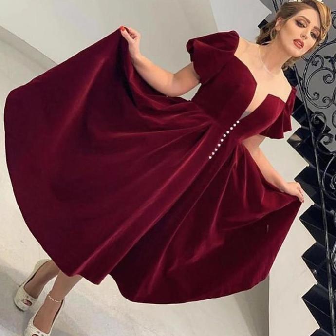 velvet prom dresses 2020 sweetheart neckline short sleeve burgundy tea length evening dresses cg13801