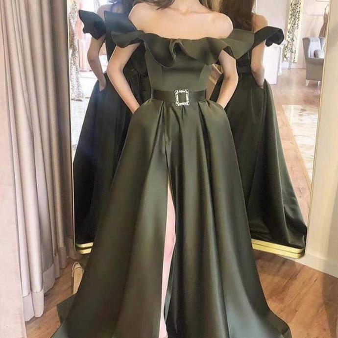 satin prom dresses off the shoulder side slit green evening dresses long formal dresses cg13810