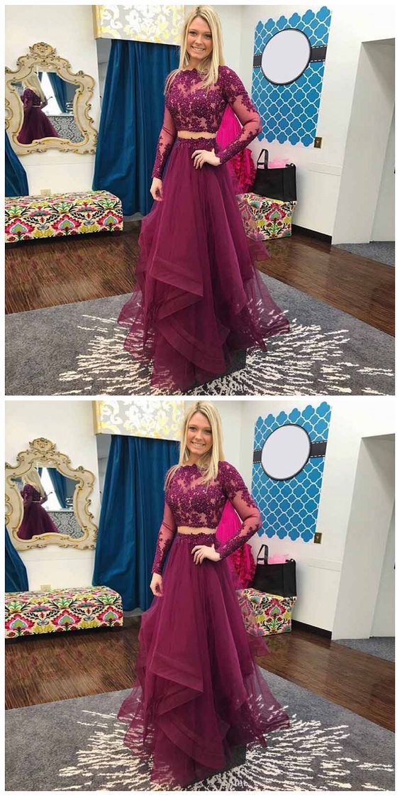 Two Piece Bateau Long Sleeves Grape Beaded Prom Dress With Lace cg13815