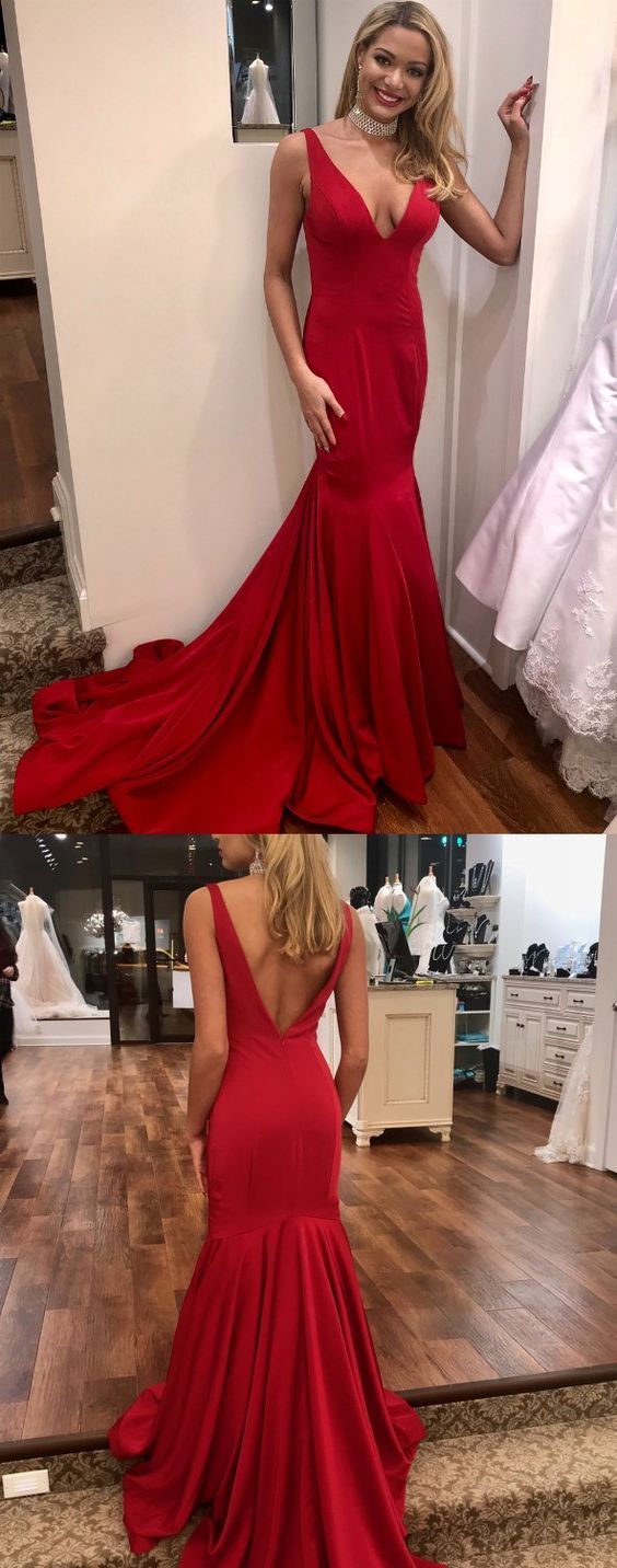 Long Prom Dresses Red Mermaid Formal Evening Dresses V-neck, Open Back Party Dresses cg13819