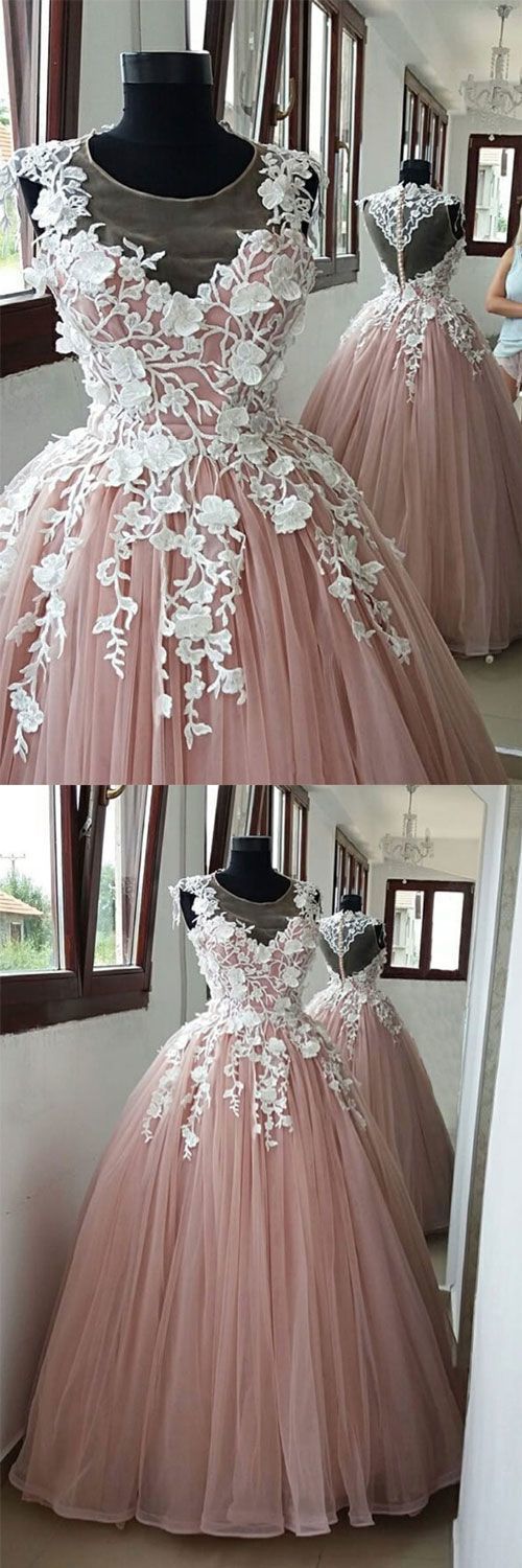 Pink round neck tulle lace applique long prom dress, pink evening dress cg13820