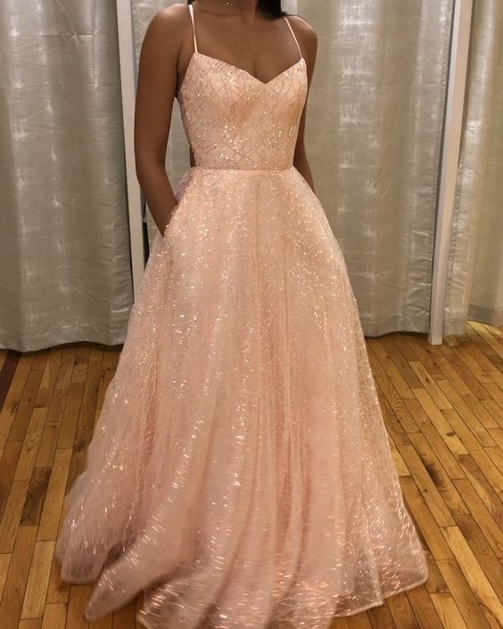 A-line Straps Long Prom Dress, Shiny Prom Dress cg13835