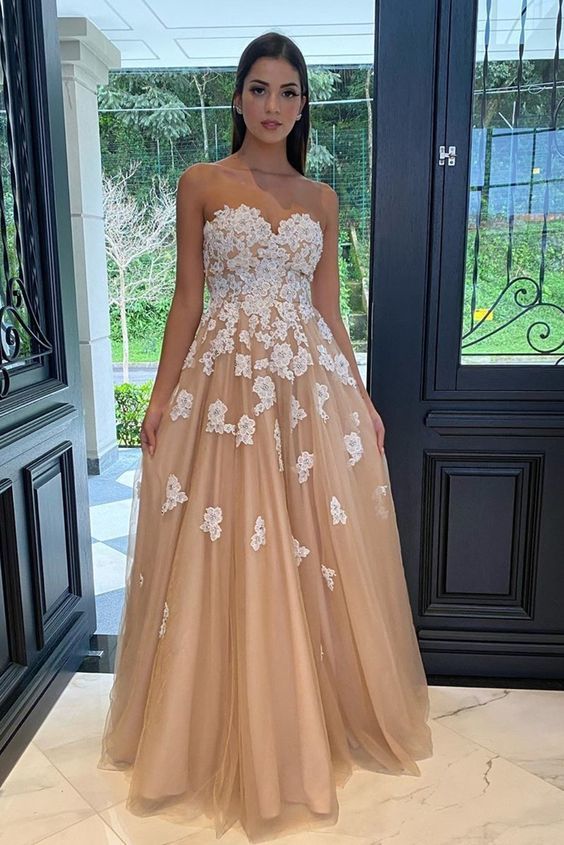 Priness champagne tulle long formal dress prom dress with white lace flowers cg13836