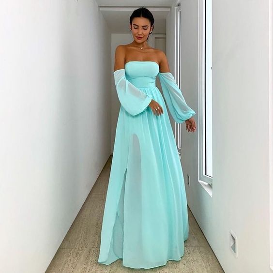 Light Blue Long Sleeve Evening Dress Off Shoulder Chiffon Plus Size Floor Length Formal Prom Dresses cg13856