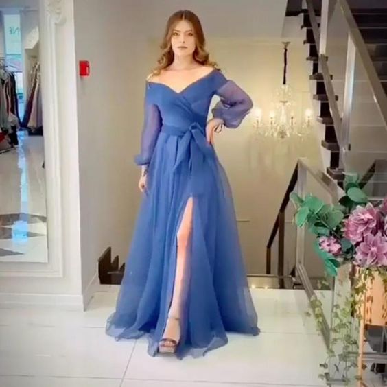 royal blue prom dresses 2021 deep v neck bow long sleeve side slit floor length tulle long evening dresses cg13879