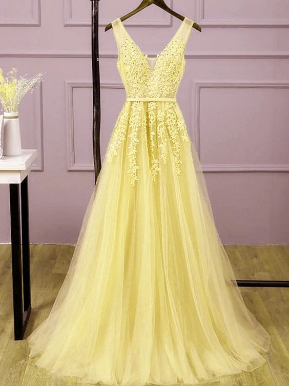 Beautiful Light Yellow Tulle Long Party Dress, A-line Prom Dress Evening Gowns cg13880