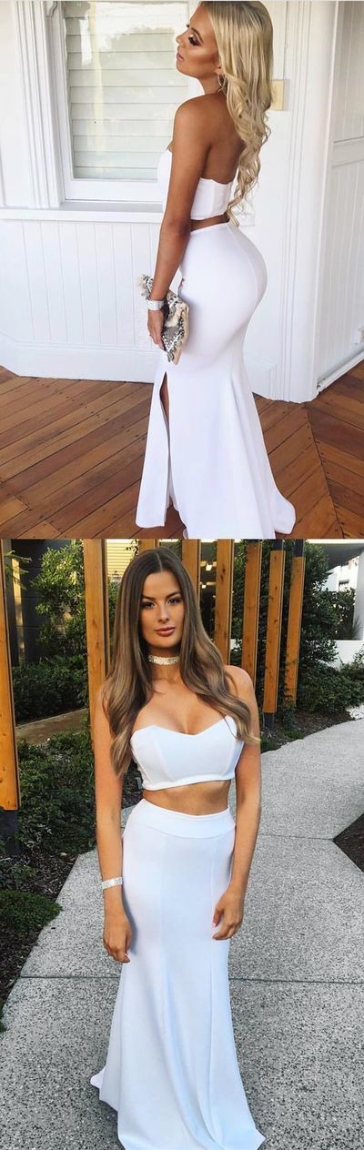 Sexy Two Piece Strapless White Mermaid Long Prom Dress Side Split Evening Party Dress cg13881