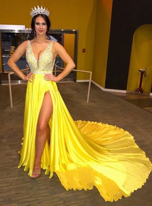 Deep V Neck Long Prom Dress, Yellow Prom Dress With Beading Top cg13895