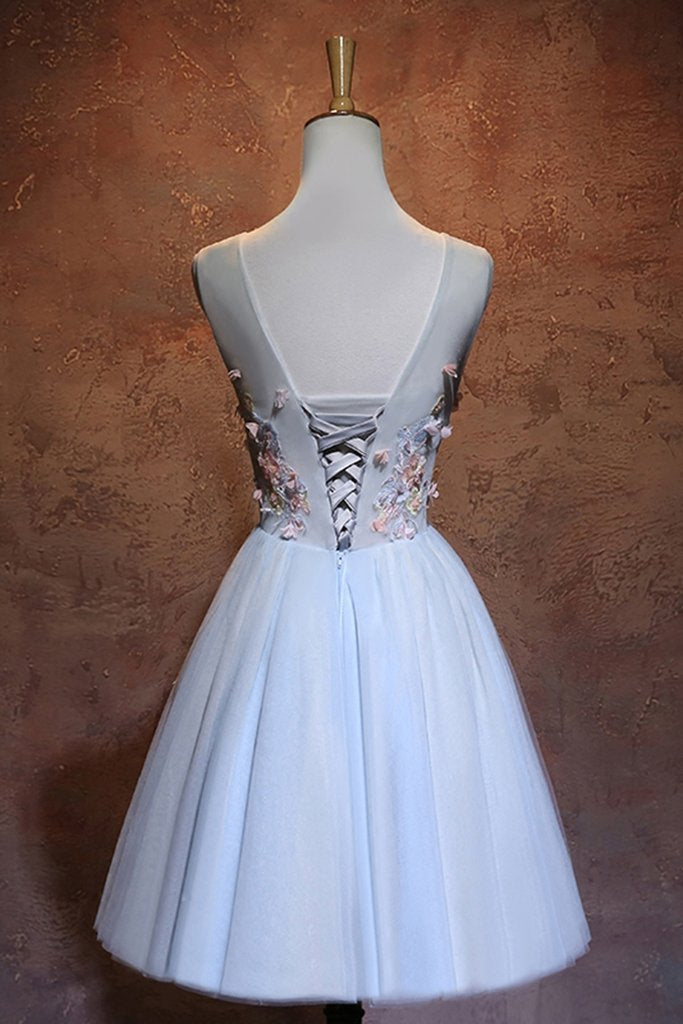Blue Flowers A-Line Short Tulle Wedding Party Dress, Blue Homecoming Dress cg13898