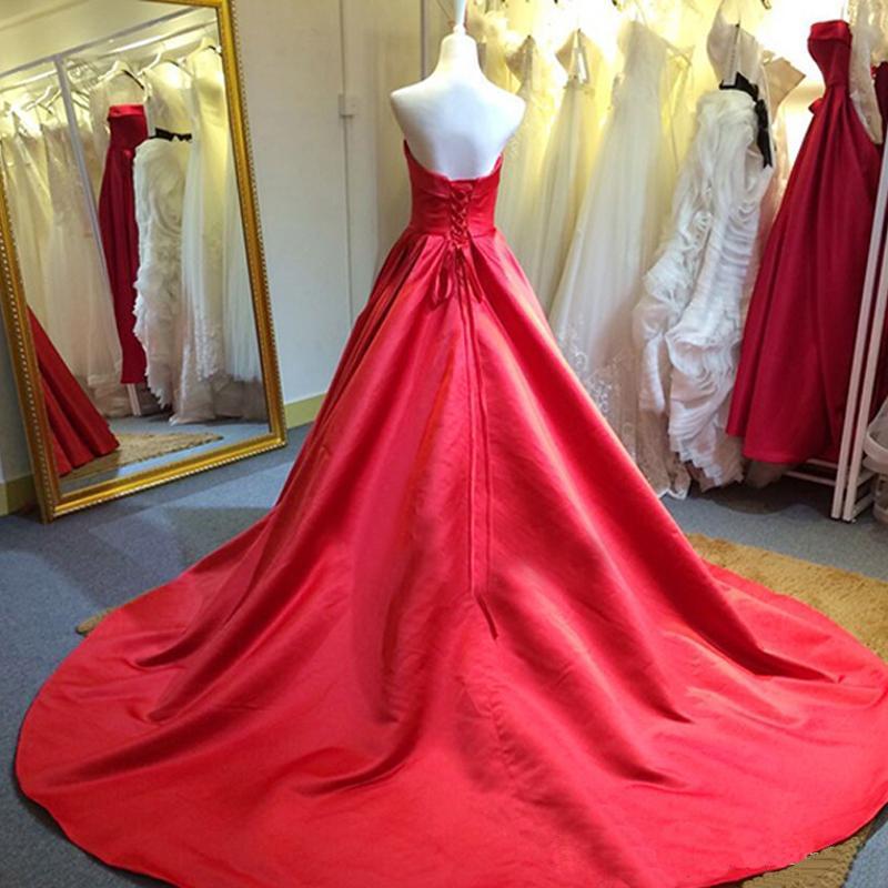 Red Satin Scoop Long Simple Wedding Party Dress, Red Satin Formal prom Gown cg13901