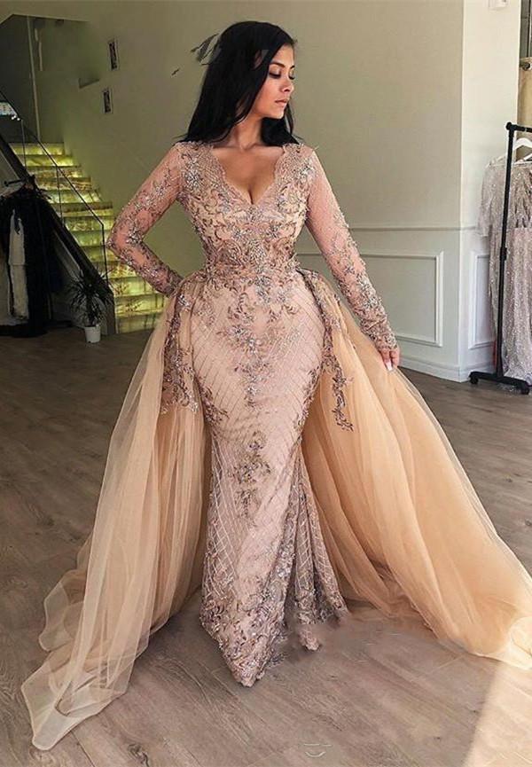 champagne prom dresses 2021 long sleeve detachable skirt lace beaded floor length evening dresses gowns cg13920