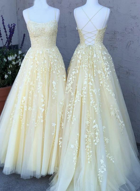 Yellow tulle lace long prom dress yellow evening dress cg13923
