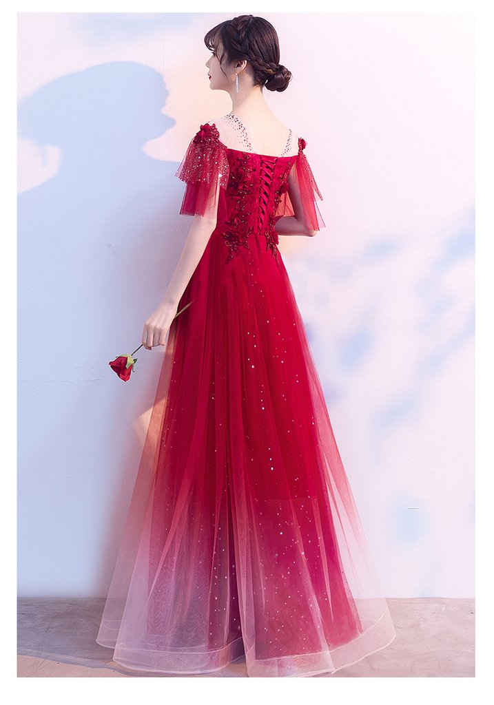 Charming Red Tulle Off Shoudler Gradient Party Dress, A-Line Prom Dress 2021 cg13925