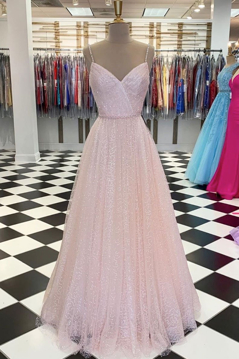 Pink v neck tulle sequin long prom dress pink tulle formal dress cg13928
