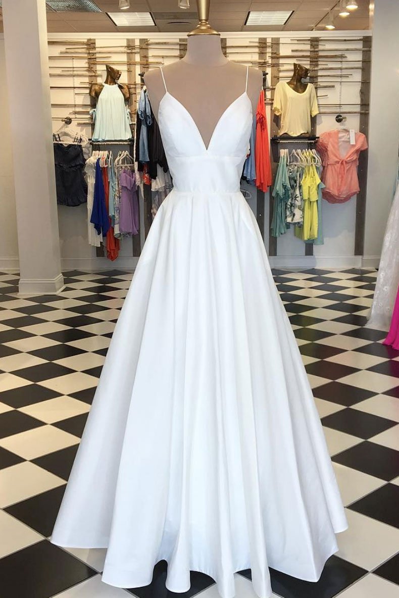 Simple white v neck satin long prom dress white evening dress cg13929