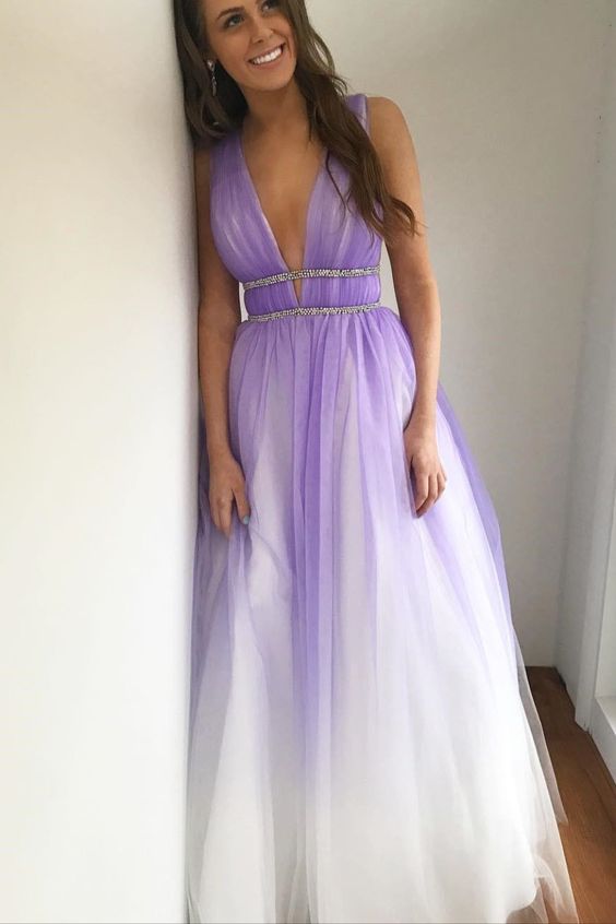 A-line V Neck Ombre Purple Long Prom Dress cg13949