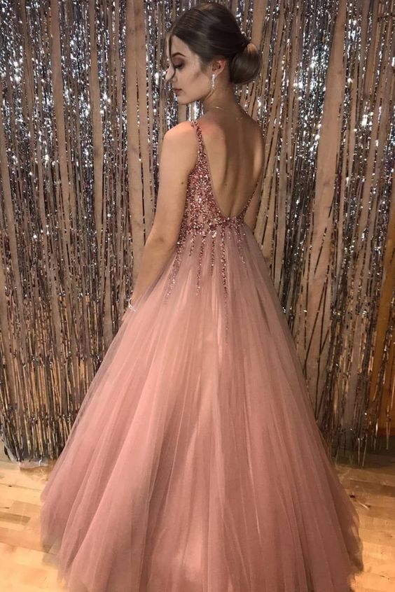 Blush Pink Princess V Neck Long Prom Dress cg13951
