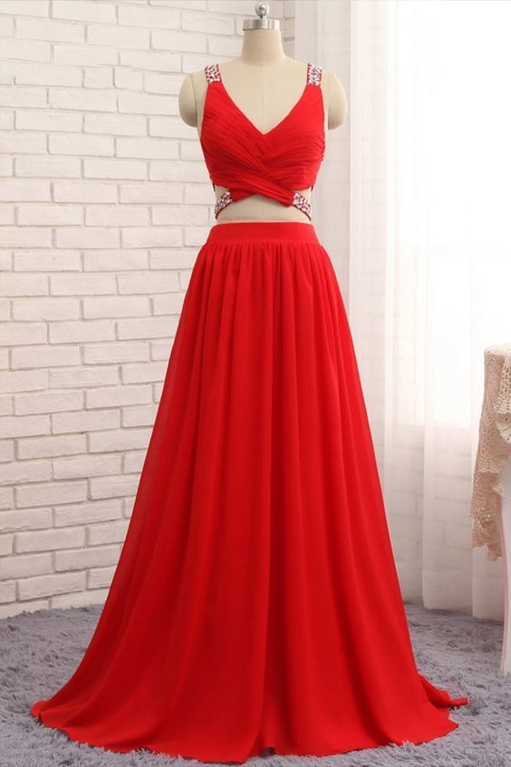 Two Piece V-Neck Red Chiffon Long Prom Dress cg13955