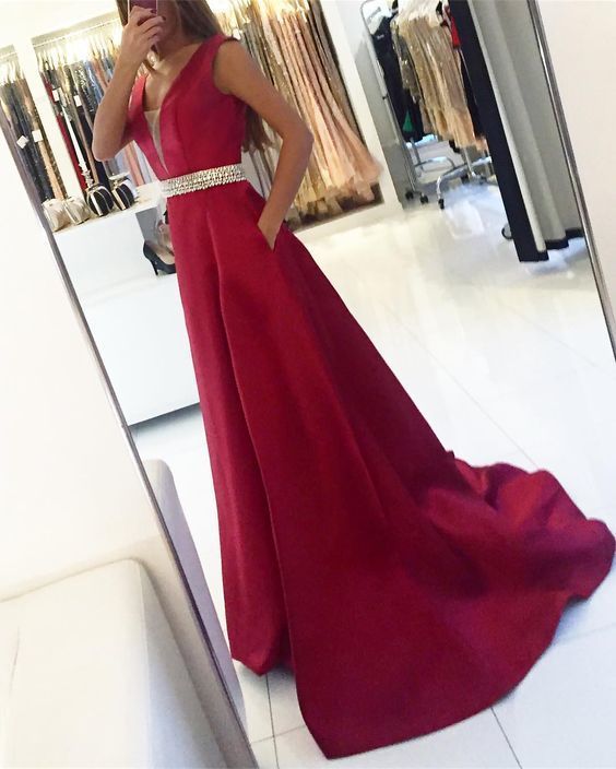 Long Deep V Neck Satin Evening prom Dress With Beaded Waist And Pockets cg14019