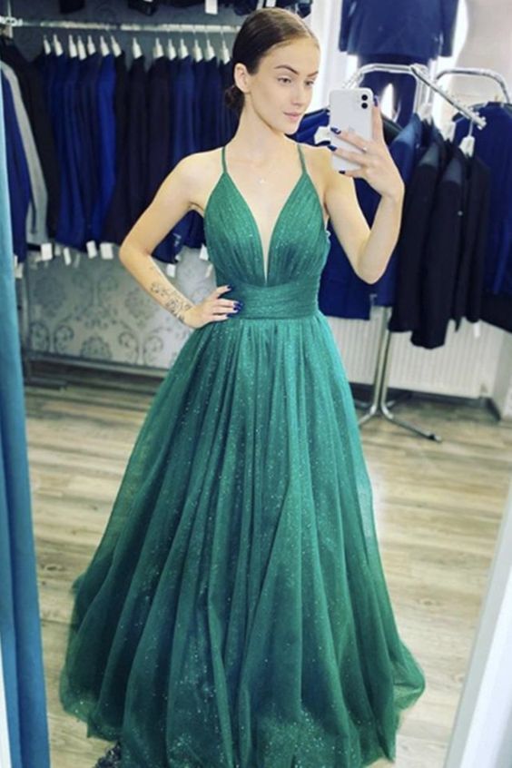 Shiny V Neck Dark Green Long Prom Dresses, Dark Green Formal Graduation Evening Dresses cg14065