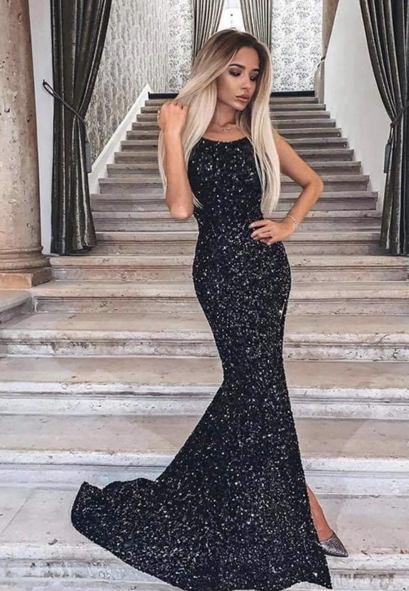 Black sequins long prom dress mermaid evening dress cg14076
