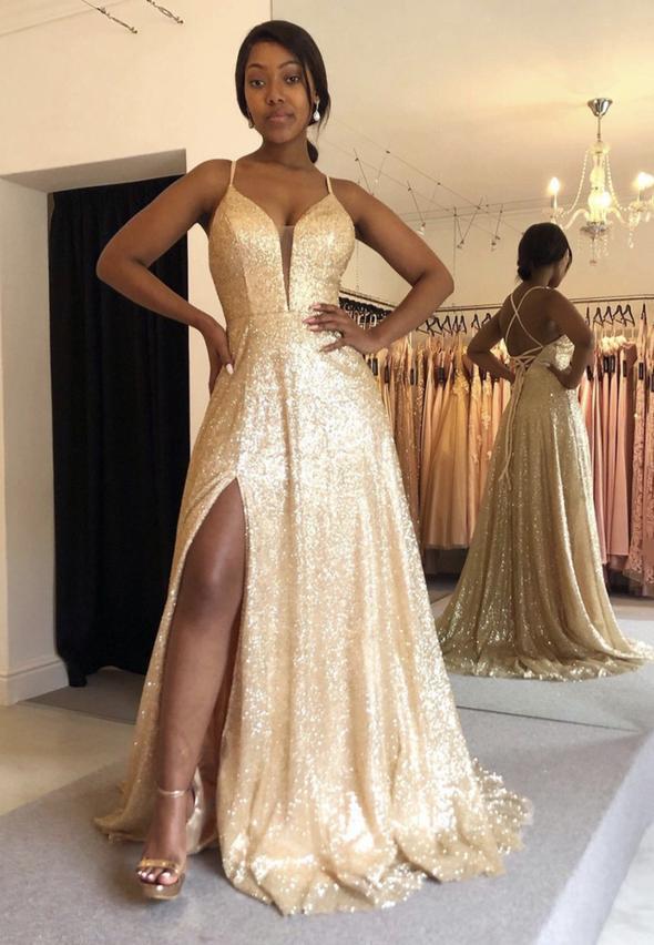Gold sequins long prom dress A line evening dress, cg14079