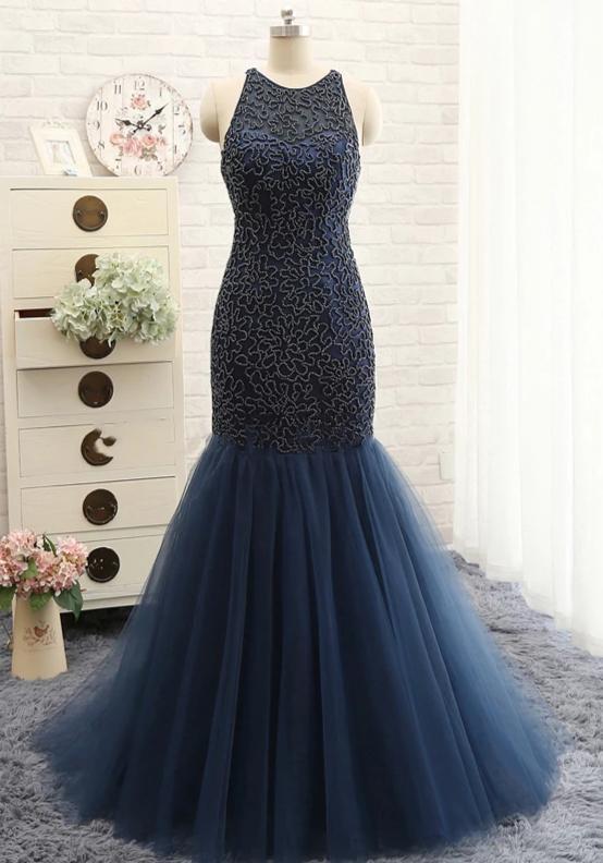 Navy Prom Dress,Mermaid Prom Gown,O-Neck Evening Dress,Beading Prom Gown cg14084