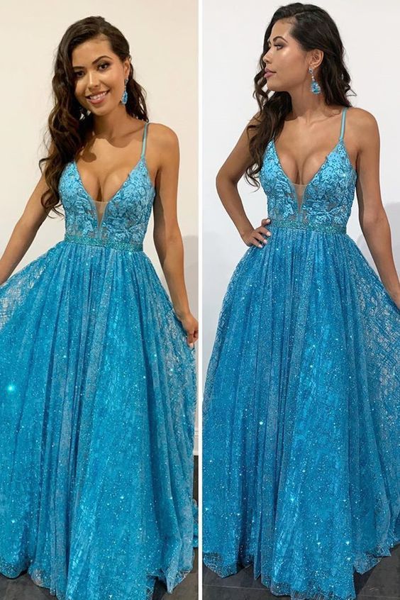 Gorgeous Straps Blue Long Prom Dress cg14087