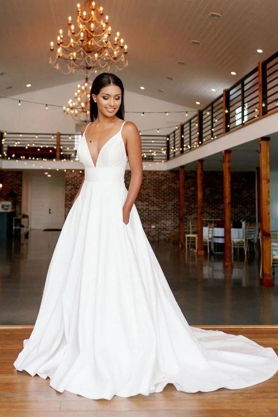 Simple white v neck satin long prom dress white lace long evening dress cg14119