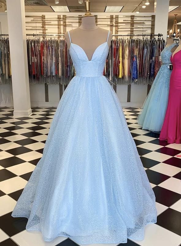 Blue v neck tulle long prom dress evening dress cg14121