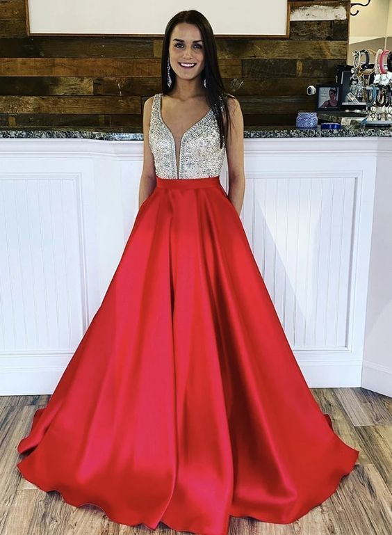 Red v neckline satin long prom dress with beaded bodice formal dress cg14129