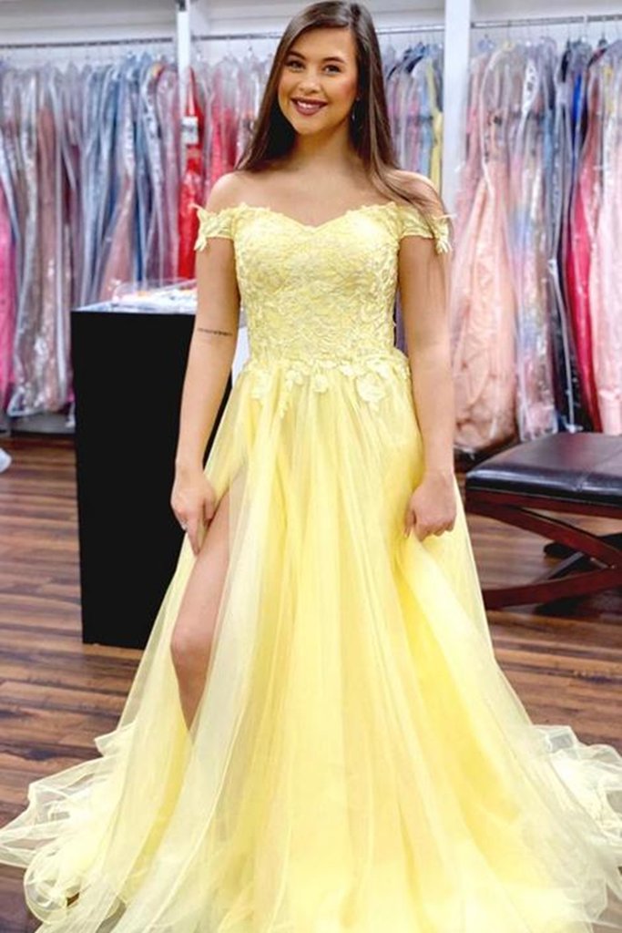 Off Shoulder Yellow Lace Long Prom Dress with High Slit cg14135