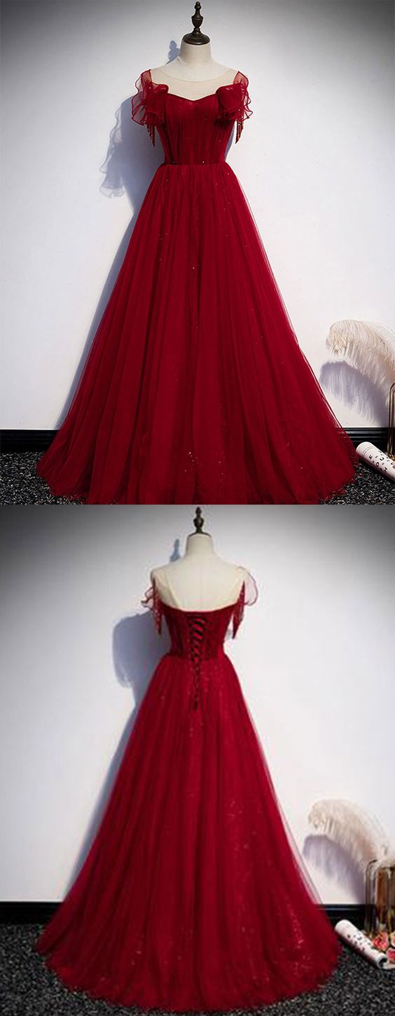 burgundy tulle round neck long prom dress burgundy evening dress cg14142