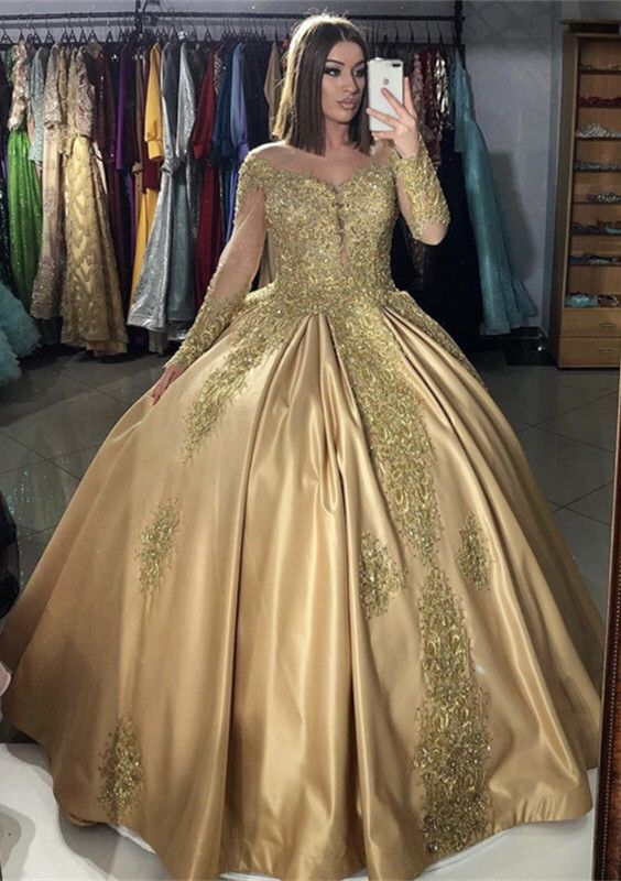 Gold Quinceanera Dresses Long Sleeves long prom dress cg14144