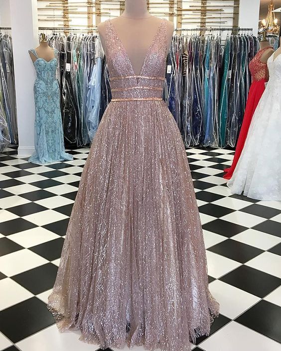 Deep V-neck Sparkle Sequin Pleated Long Prom Dress cg14150