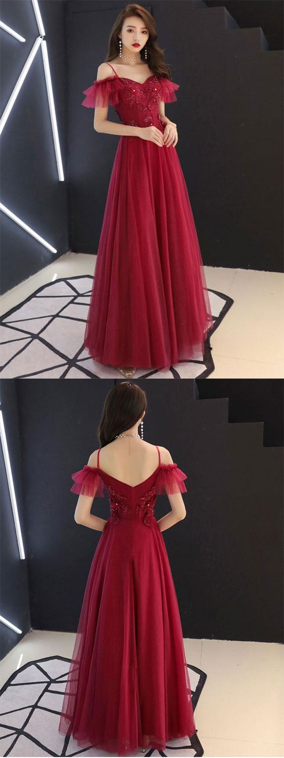 Simple burgundy tulle lace long prom dress lace formal dress cg14152