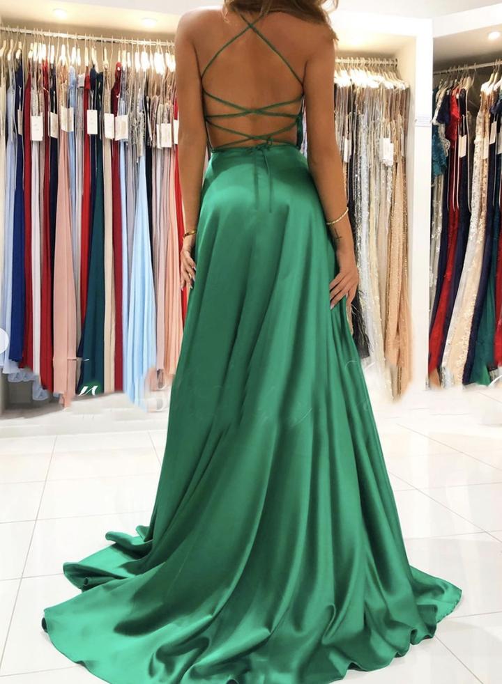 Green satin long prom dress simple evening dress cg14169