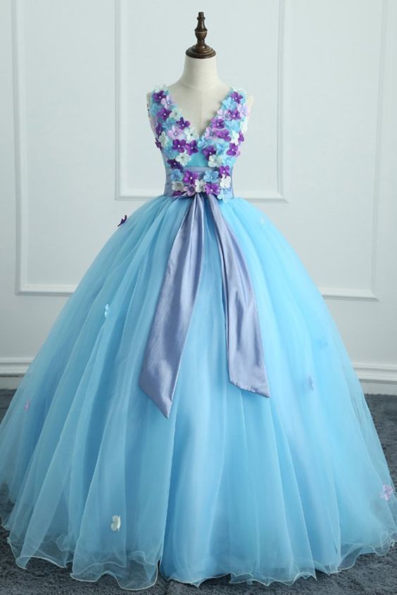 Unique Blue Tulle Handmade Flowers Formal Prom Dress With Sash cg14173