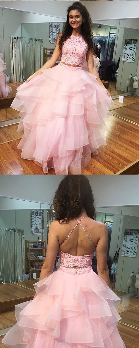 Long High Neck Pink Lace Bodice Ruffled Ball Gown Prom Dress cg14175