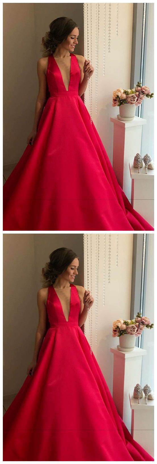 Halter V neck Red Evening Dress, Formal Prom Dresses cg14181