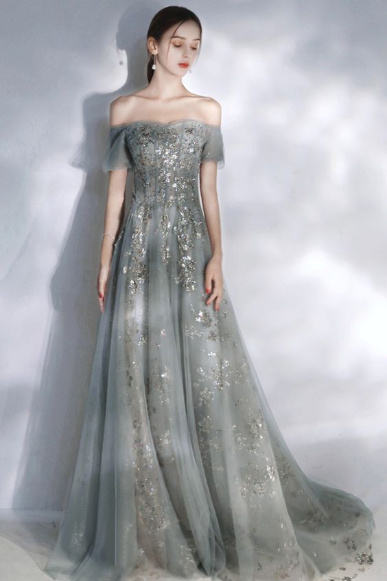 Sweetheart Neck Long Tulle Gray Dress, A Line Sequins Dress Prom Dress cg14206